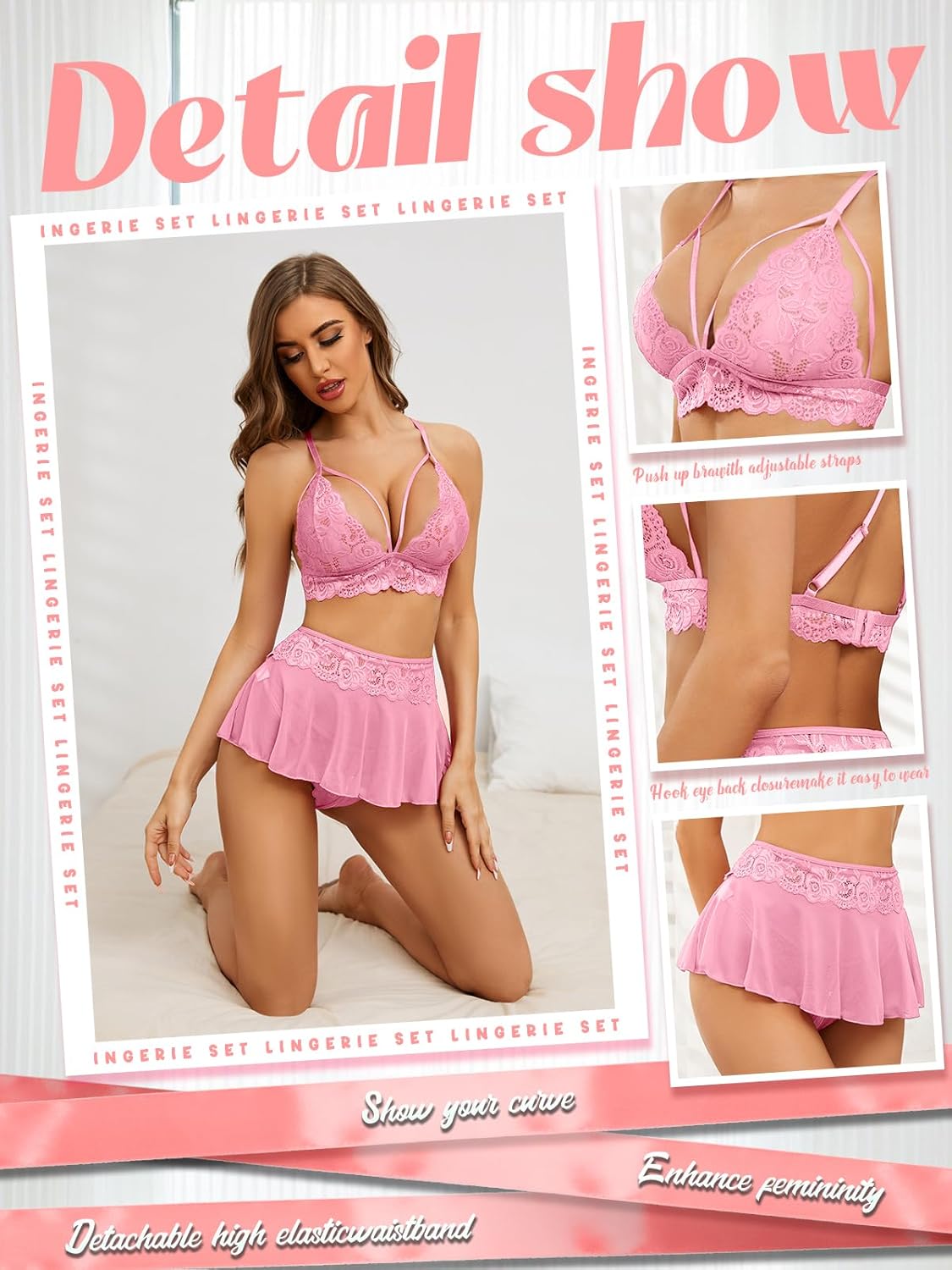PITINAN Sexy Lingerie for Women Naughty 3 Piece Lace Bralette, Mini Skirt with G-String Crotchless Teddy Lingerie Set
