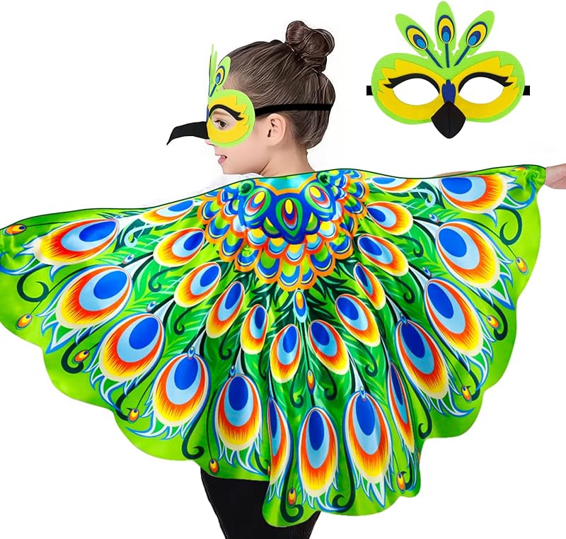 iROLEWIN Toddler Peacock-Bird-Costume for Kids Dress-Up Wings 3D Bird Mask Feathered Cape as Animal Jungle Party Toys Gifts