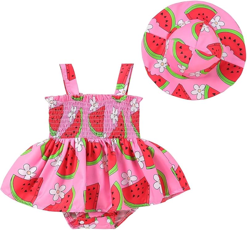 Baby Girl Summer Clothes Cute Sleeveless Halter Romper Dress One-piece Jumpsuit with Hat 0-18 Months
