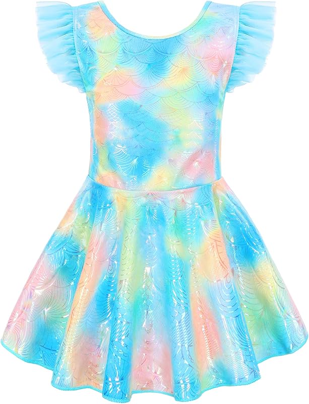 Girl One Piece Swimsuit with Short Modest Beach Swim Dress Printed Skirted Bathing Suit