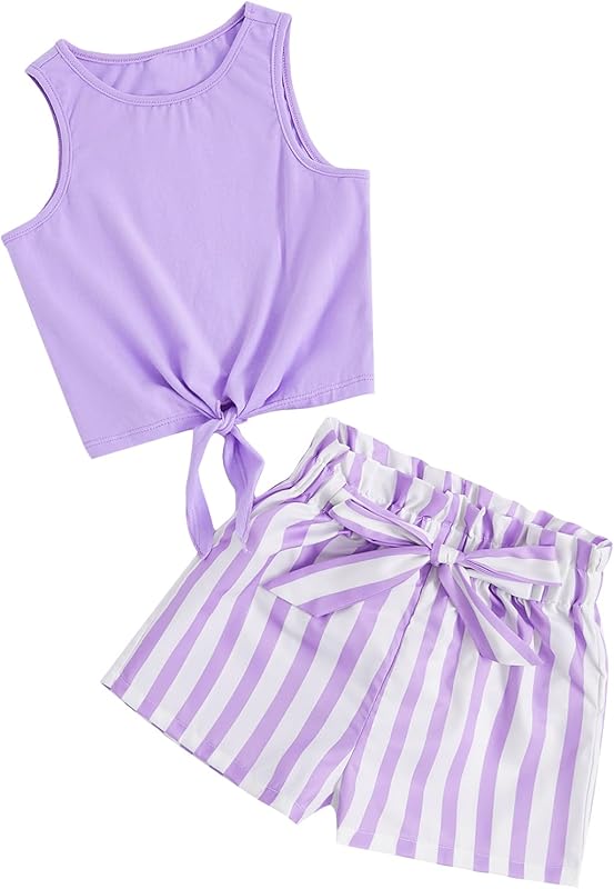 OYOANGLE Girl's 2 Piece Outfits Summer Tie Knot Tank Top and Paperbag Waist Striped Shorts Set