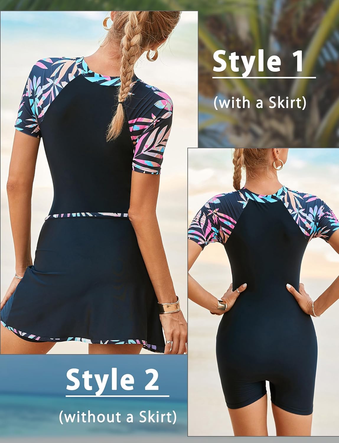 SEAUE Women's Short Sleeve Rash Guard One Piece Bathing Suit with Skirt Zip Front Swimwear UPF 50+