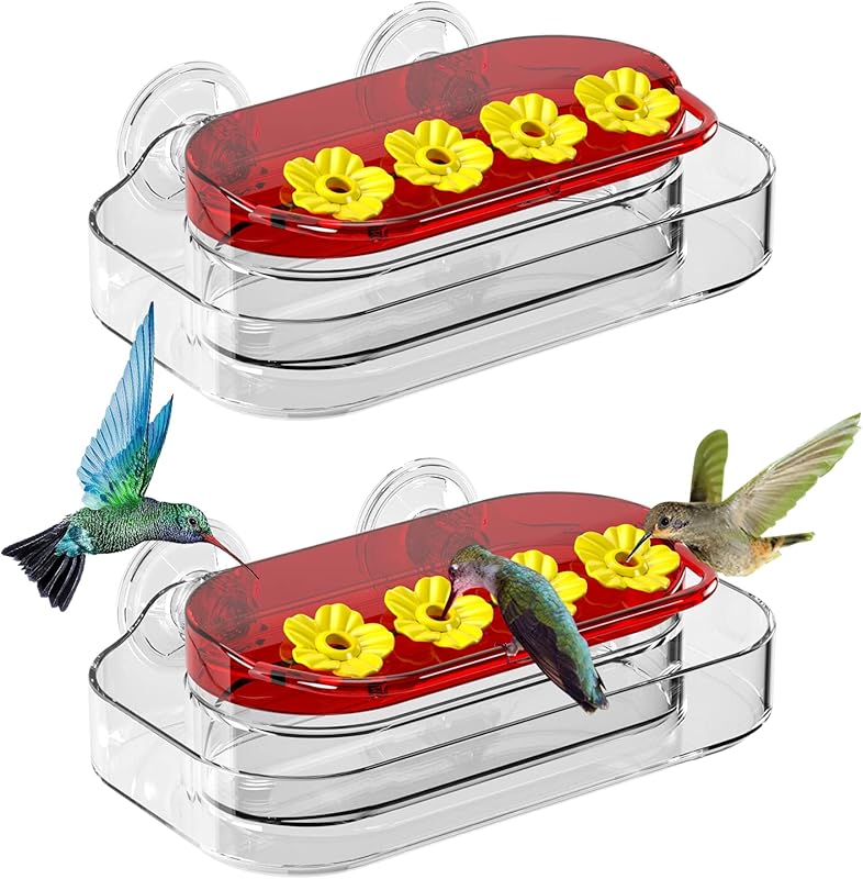 Window Hummingbird Feeder, Strong Suction Cup Hummingbird Feeder with 4 Feeding Ports, Easy to Clean and Refill Plastic Humming Bird Feeder, 1 Pack, 10oz