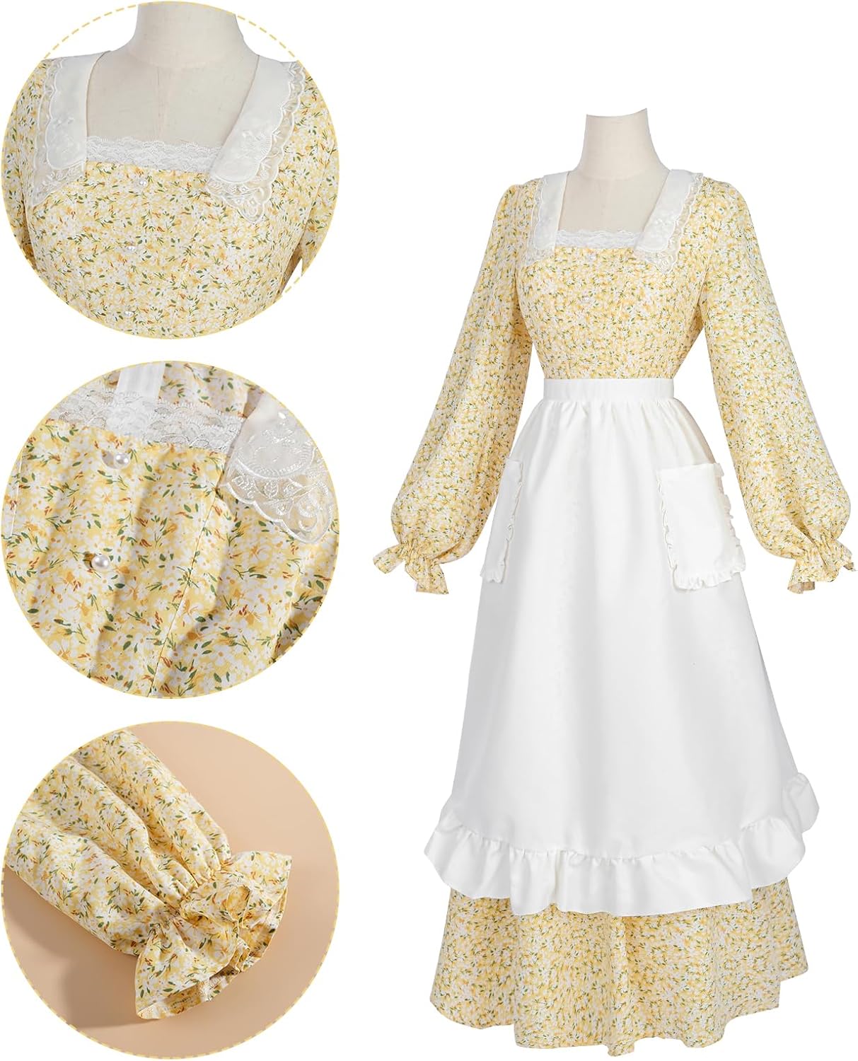 NSPSTT Prairie Dress Women Pioneer Colonial Costume Floral Dresses 3pcs Set