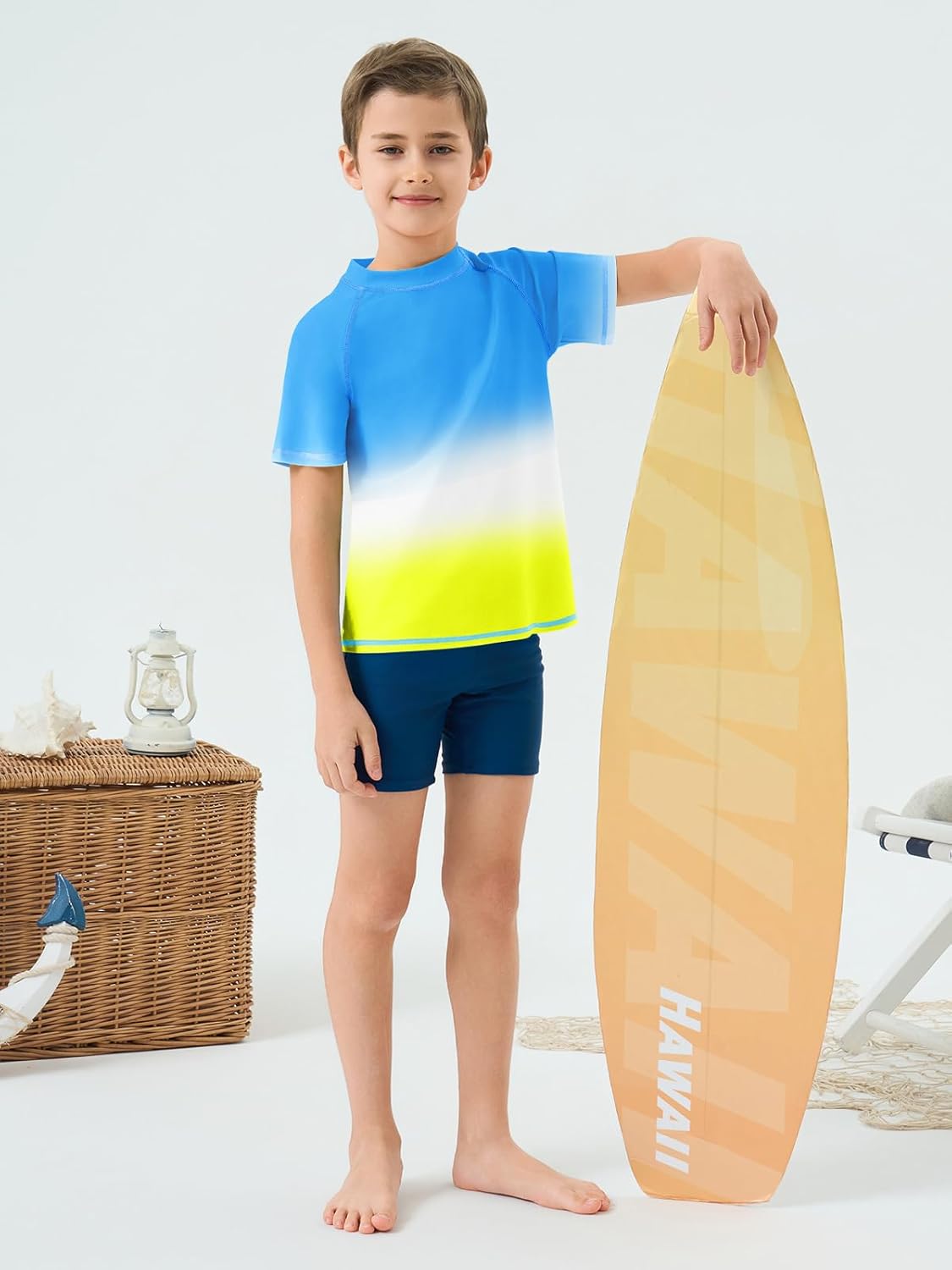 Haloumoning Boys Gradient Rash Guard Swim Shirt Short Sleeve UPF+ 50 Sun Shirts for Kids Rashguard Water Shirts