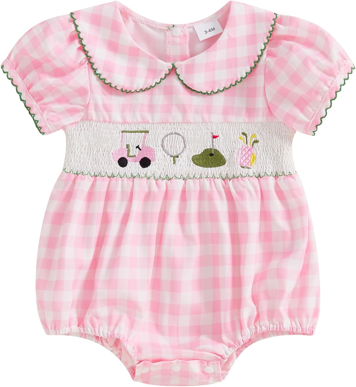 Newborn Baby Girl Golf Outfit Summer Doll Collar Bubble Short Sleeve Golfing Theme Embroidery Smocked Plaid Romper Bodysuit