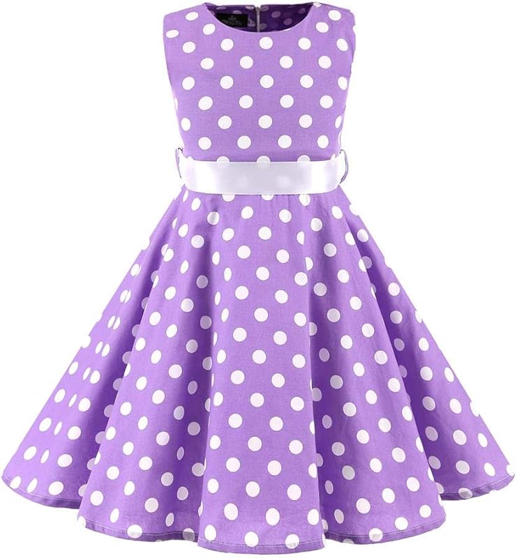 Kids Girls 50s Audrey Vintage Polka Dot Swing Party Rockabilly Dress Retro Peter Pan Doll Collar Wedding Casual Skater Dress