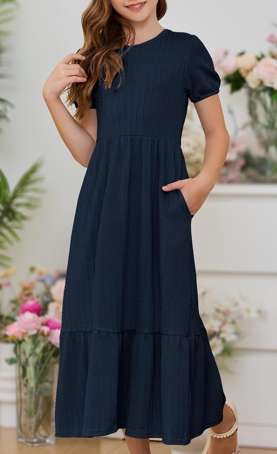 YOVION Girls Maxi Dress Summer Puff Sleeve Crew Neck Tiered Flowy Casual Holiday Dresses with Pockets for 6-12 Y