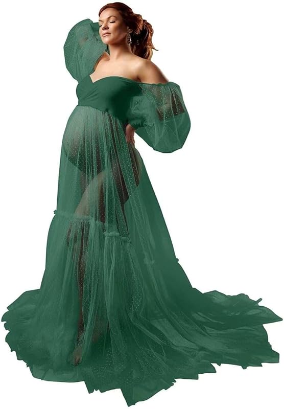 Off Shoulder Tulle Maternity Dress for Photoshoot Puffy Sleeve Wedding Bridal Pregnancy Robe Baby Shower Photography