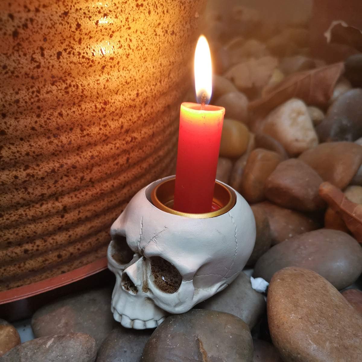 1 PCS Skeleton Skull Candlestick Holder Halloween Home Party Decorative Resin Skeleton Candle Holder Themed Bar Decoration (White)