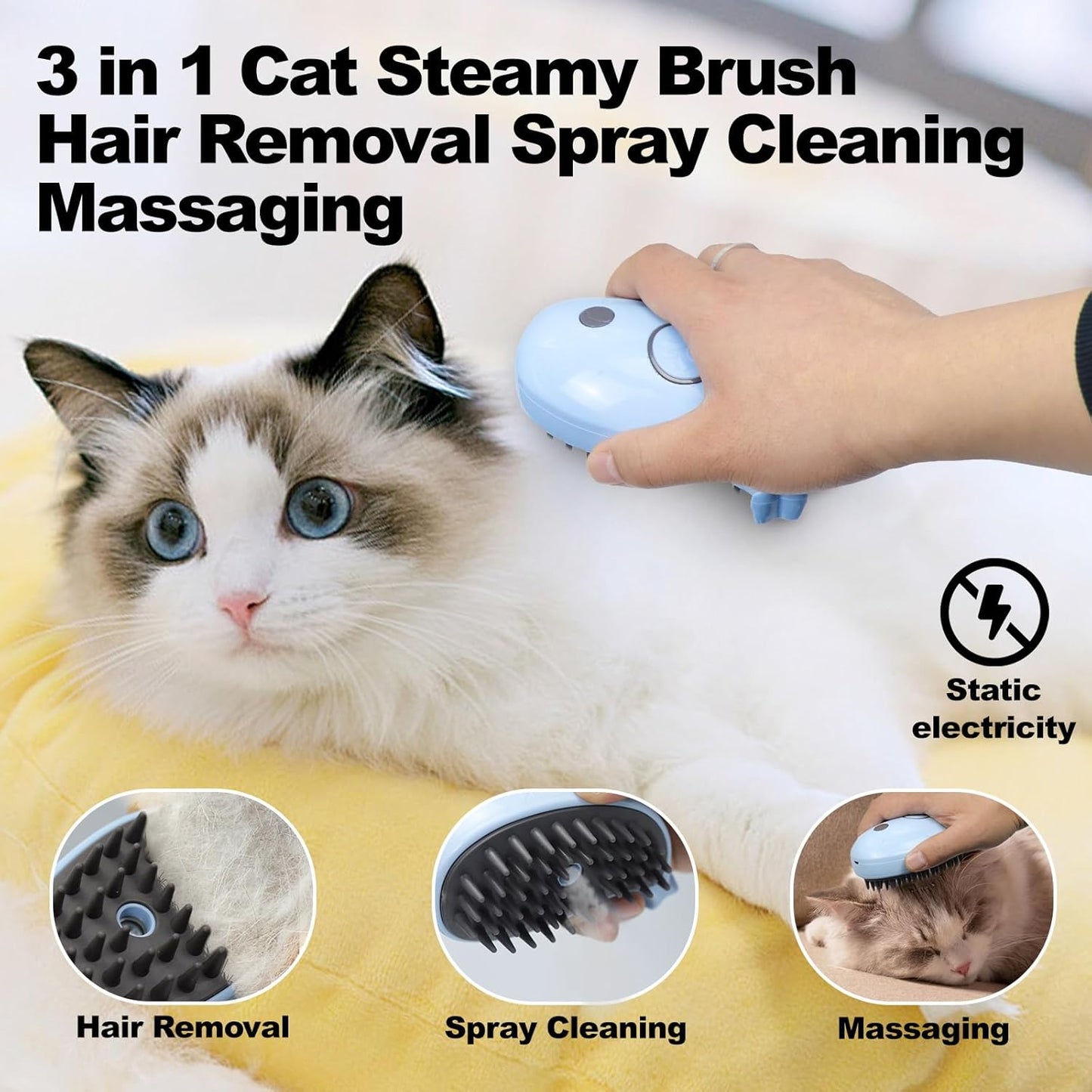 Cat Steam Brush for Shedding, Grooming With Steam, Rechargeable, Steamy Cat Brushes 3 In1, Self Cleaning Brush Massage,Clean and Removing Loose Hair-Blue