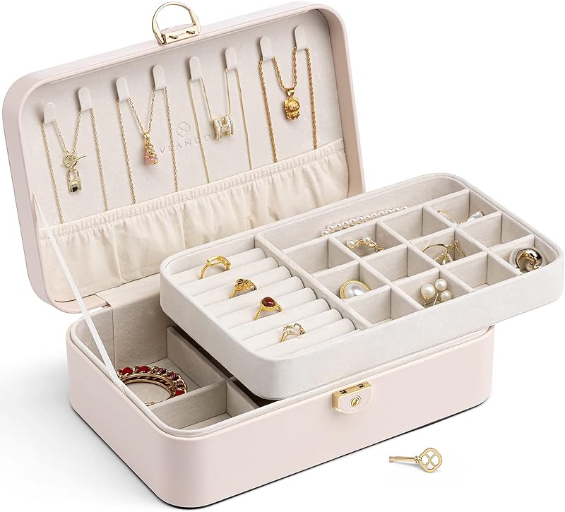 Vlando Jewelry Box Organizer for Women Girls, 2 Layer Jewelry Case with Lock,Jewelry Storage Earrings Necklace,Rings,Gift for Teachers Wedding Birthday Gifts-Cream White