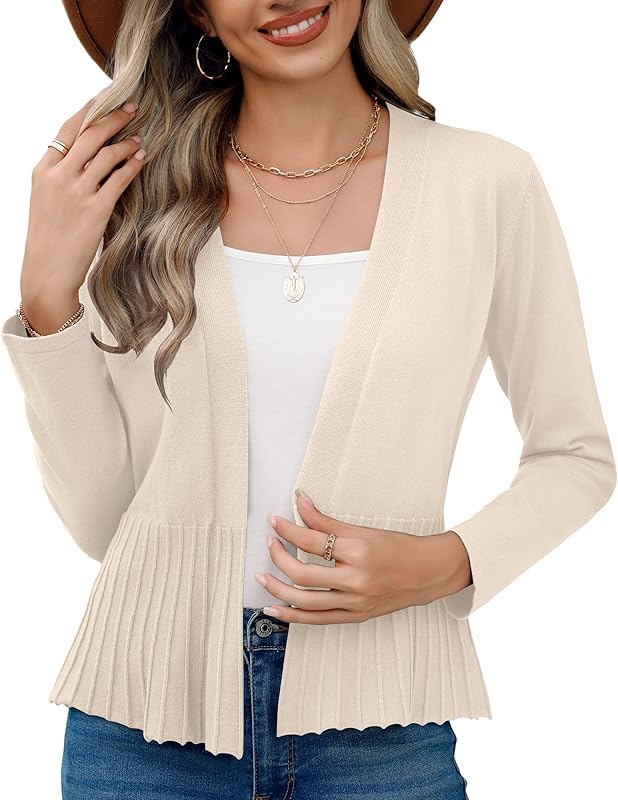 Women's Casual Open Front Lightweight Cropped Cardigans Long Sleeve Sweater Soft Draped Peplum Knit Outwear