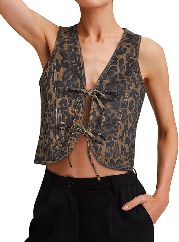 Womens Denim Vest Crop Sleeveless V Neck Denim Top Retro Tie Up Front Jean Vest