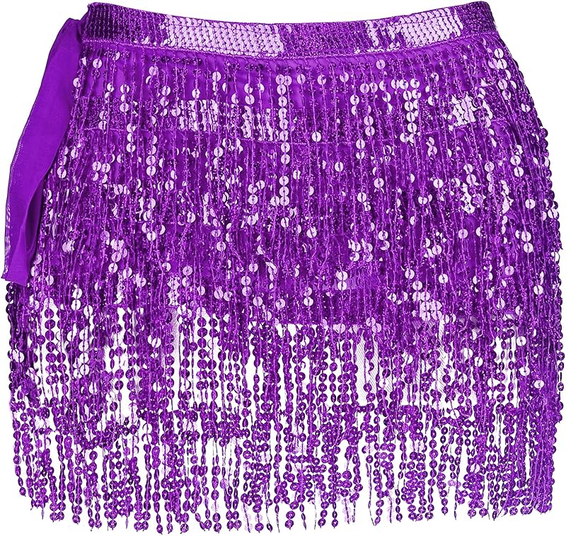 Women Belly Dance Skirt Tassel Fringe Skirts Sparkly Sequin Hip Scarf Party Costume