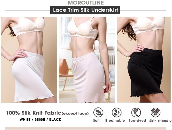 Women's Silk Half Slip Lace Trim Waist Short Underskirt Anti Cling Seamless Under Dress