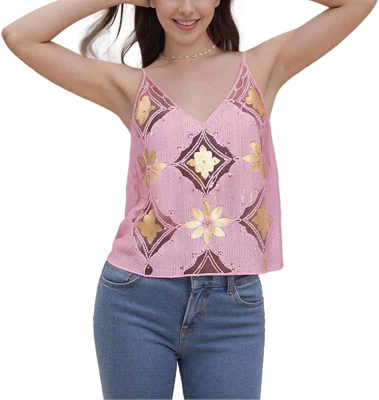 Women Y2K Sequin Cami Top Sexy Sparkly V Neck Tank Top Backless Glitter Crop Tops Floral Rhinestone Clubwear
