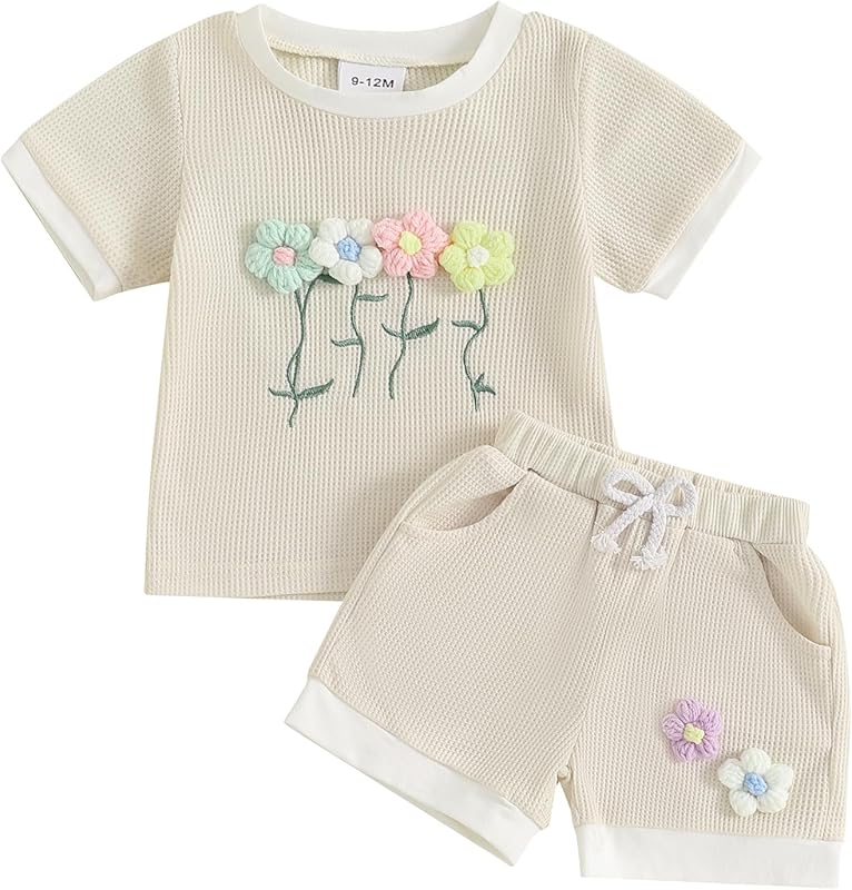 Kayotuas Toddler Baby Girl Summer Clothes 3D Flower Bow Short Sleeve T Shirt Tops Shorts 2Pcs Set Cute Infant Waffle Outfits