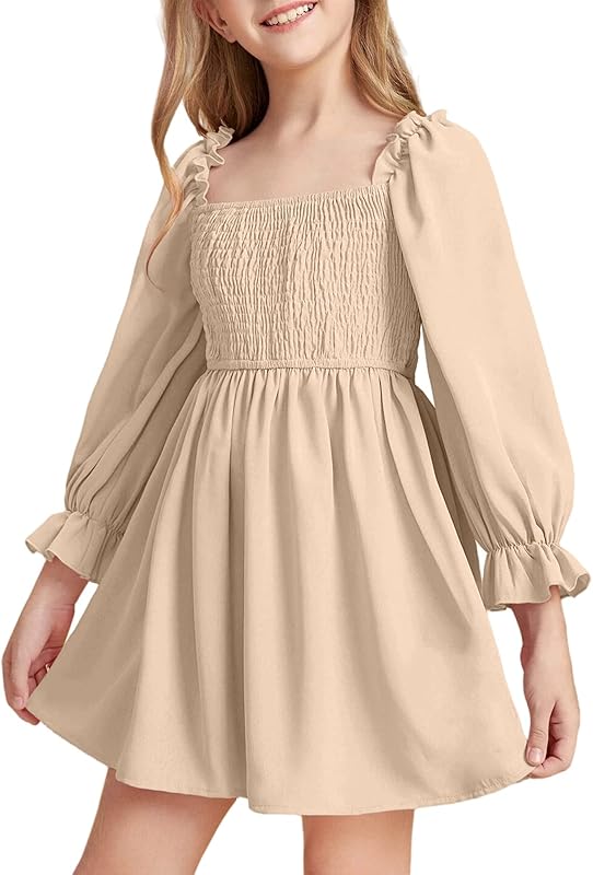 Little Girls Kids Summer Chiffon Ruffle Mini Dress Square Neck Lantern Sleeve Short Dress Tulle Smocked