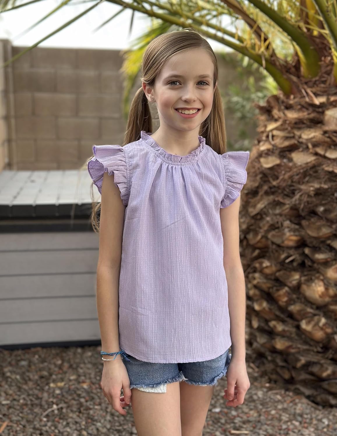 Arshiner Girls Ruffle Short Sleeve Shirts Cute Summer Frill Neck Pleated Textured Blouse Tops