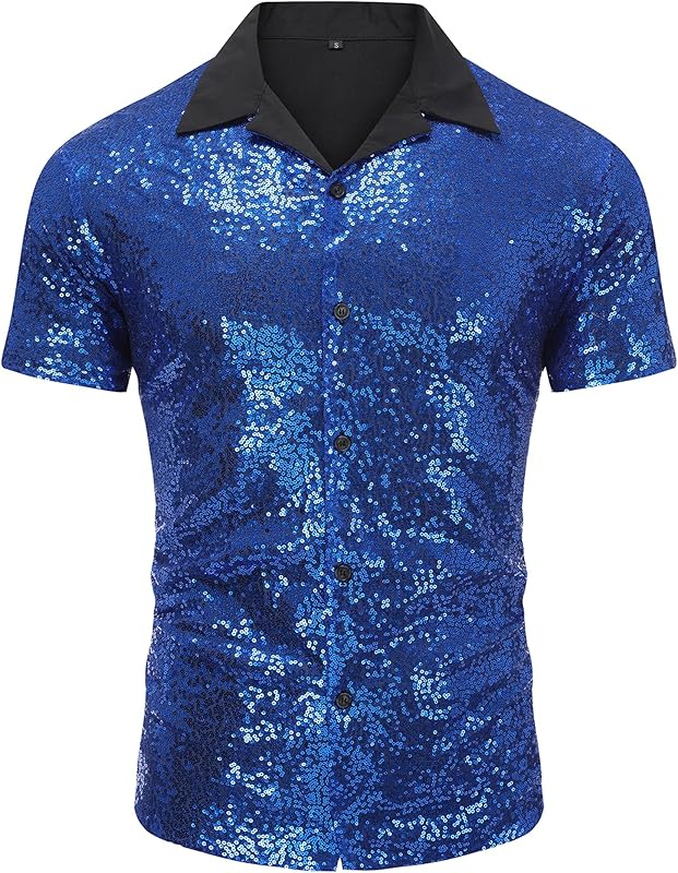 AstoSeu Men's Sequin Dress Shirt 70s Disco Costume Sparkle Party Short Sleeve Button Down Shirts
