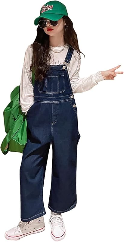 Rolanko Girls Overalls Denim Bib Distressed Jumpsuit Kids Blue Baggy Jean Pants 4-14 Years with Pockets