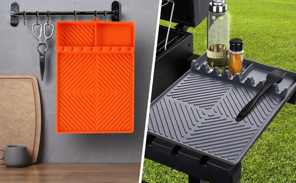 Griddle Mat Barbeque Grill Accessories Tools for Blackstone, Side Shelf Mat Grill Pad for Outdoor Grill Kitchen Counter Spatula Silicone Mat with Drip Pad for Kitchen, Cooking, Countertop (Orange)