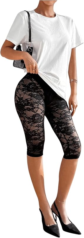 Women's Lace See Through Capri Pants Elastic High Waisted Skinny Leggings Cropped Trousers