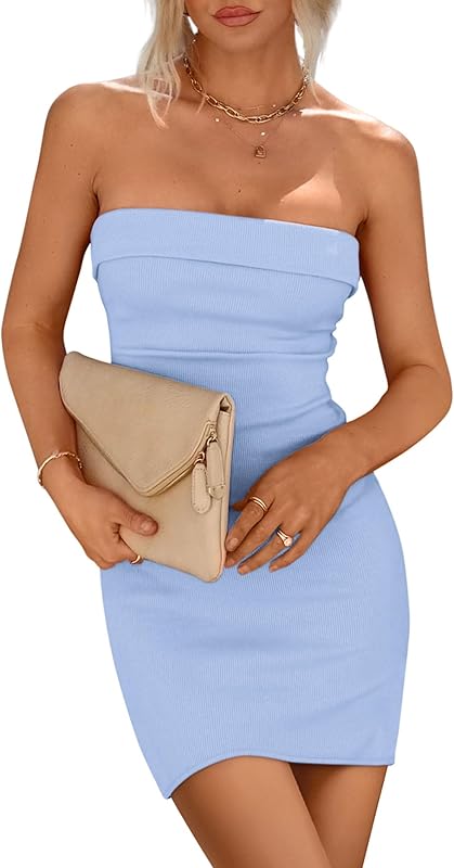 PRETTYGARDEN Summer Dresses for Women 2025 Strapless Off Shoulder Ribbed Knit Bodycon Elegant Classy Trendy Mini Beach Dress