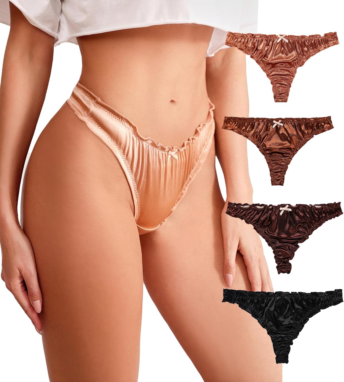 Women's Satin Thongs Silk Feeling Bikini Briefs Underwear Ruched G-String Thong Panties Smooth Panties 4 Pack