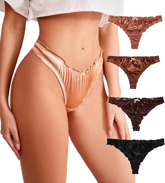 Women's Satin Thongs Silk Feeling Bikini Briefs Underwear Ruched G-String Thong Panties Smooth Panties 4 Pack