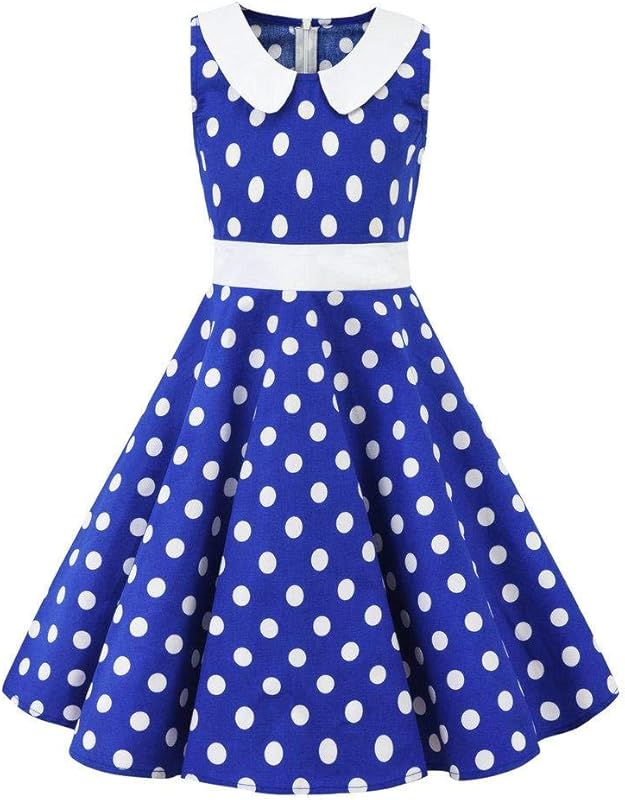 Kids Girls 50s Audrey Vintage Polka Dot Swing Party Rockabilly Dress Retro Peter Pan Doll Collar Wedding Casual Skater Dress