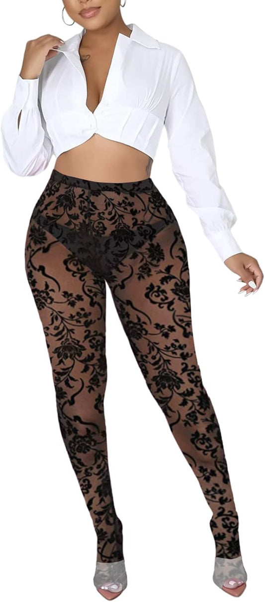 Women's Tie Dye Mesh Legging - High Waist Sheer Pantihose Long Pants Stretchy Tights Clubwear Closed Toe