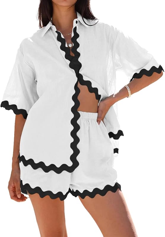 Danedvi Womens 2 Piece Outfits Beach Vacation Summer Short Sleeve Button Down Shirts and Shorts Lounge Sets