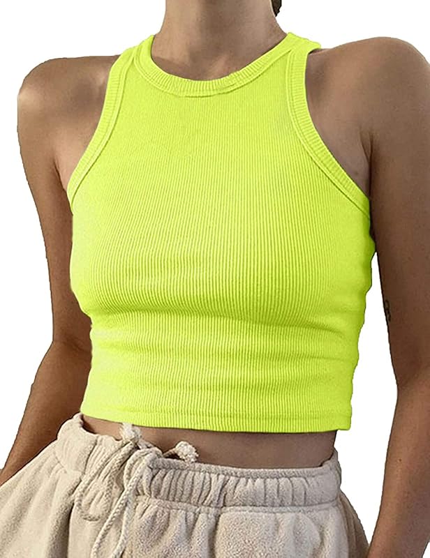 Artfish Women Casual Basic Sleeveless High Neck Rib-Knit Y2k Crop Tank Top