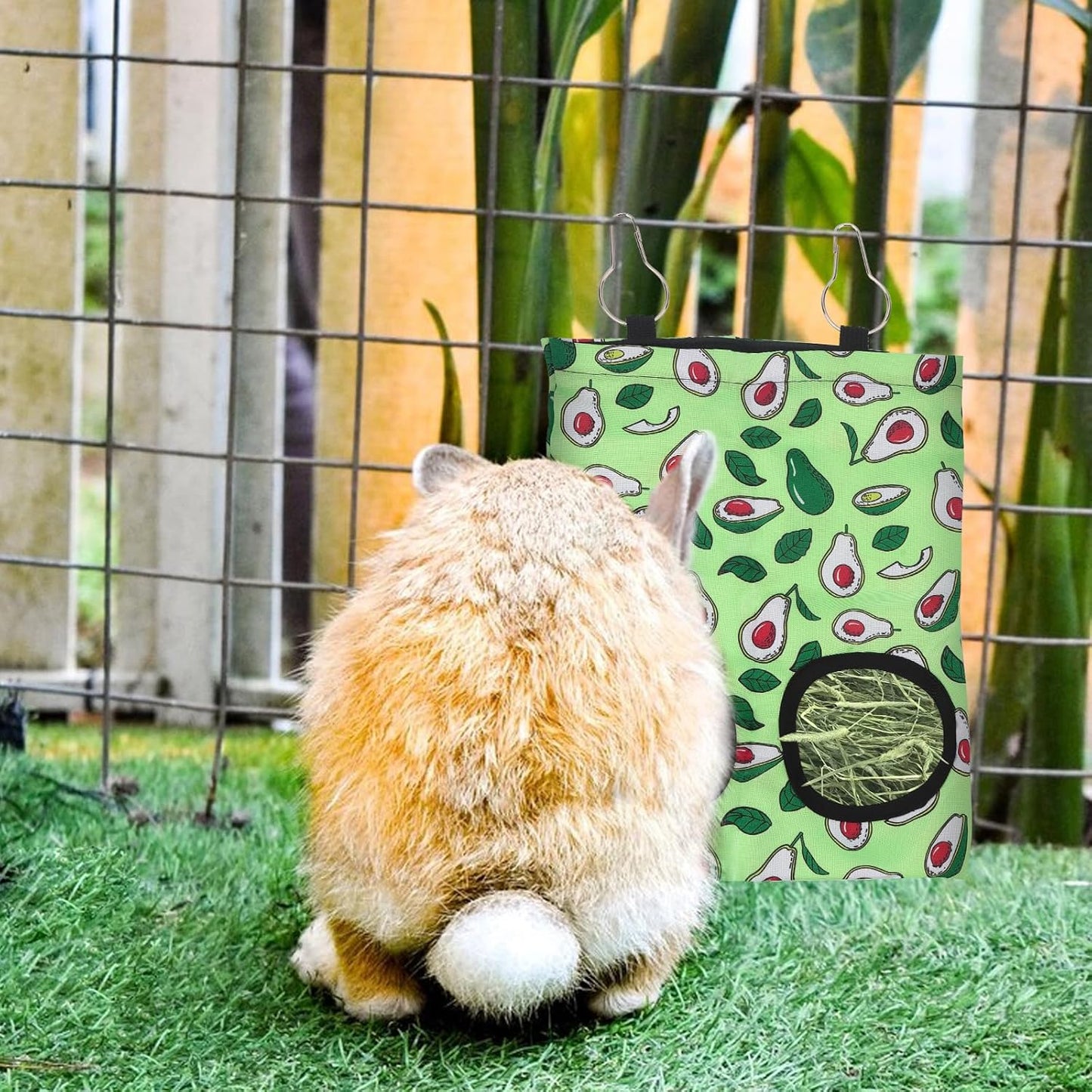 2 Packs Rabbit Hay Feeder Bag Strawberry Avocado Guinea Pig Hanging Hay Feeding Bag with 2 Holes Pet Storage Dispenser for Chinchilla Hamster Bunny Small Pet Animals
