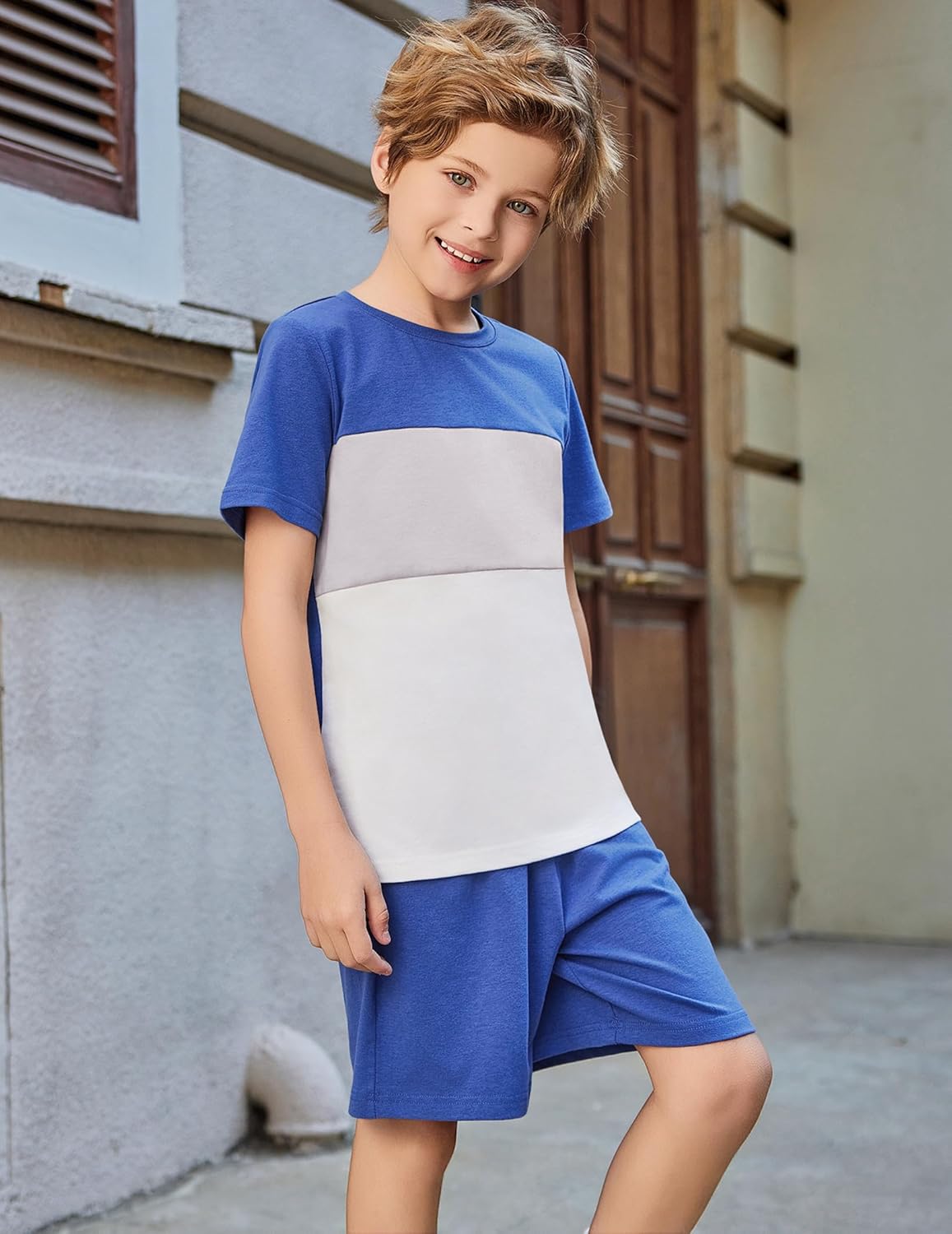 Arshiner Boys' 2-Piece Cotton Outfit Color Block T-Shirt and Shorts Set Casual Summer Clothes for Kids 6-14 Years
