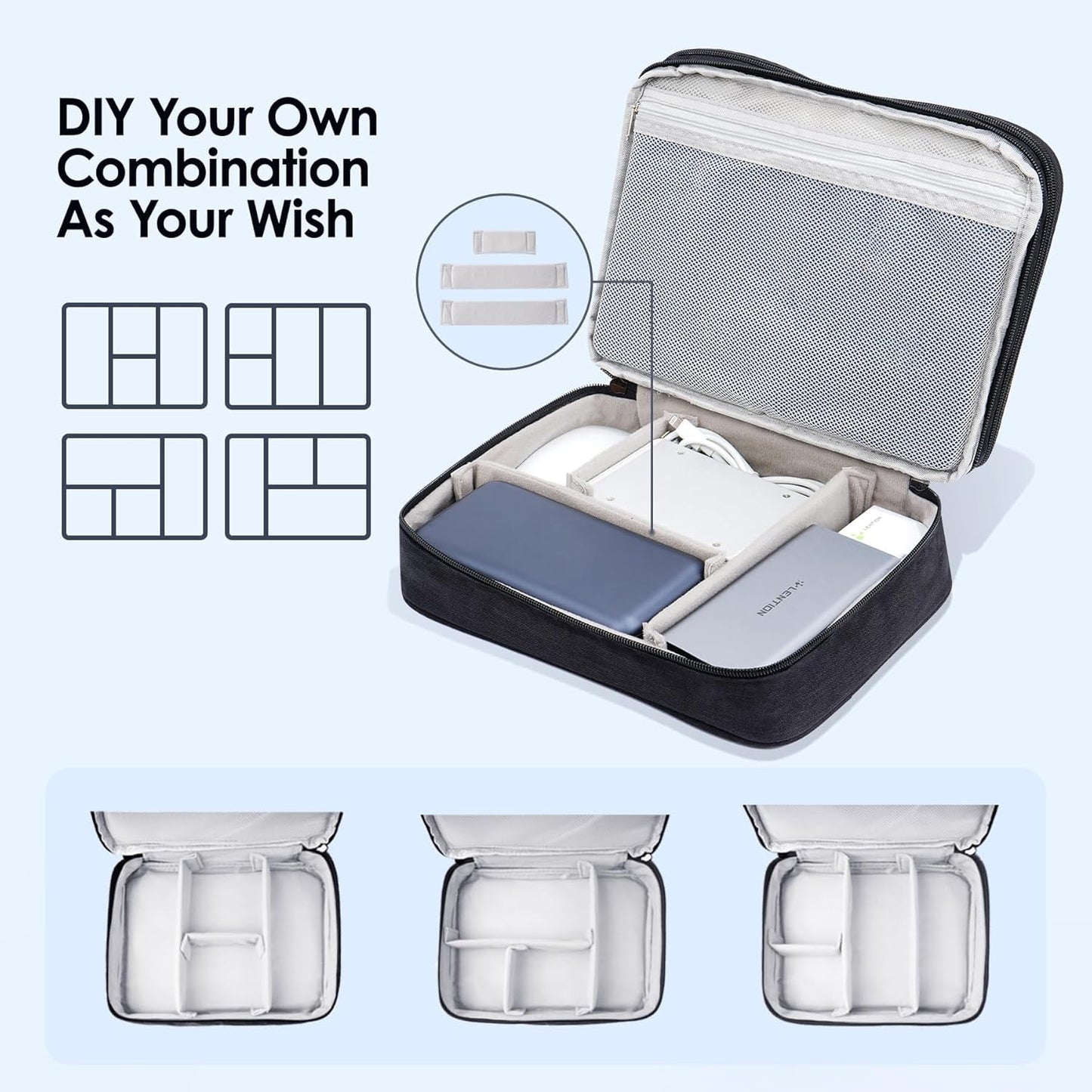 LENTION Cable Electronics Organizer Bag Pouch, Travel Accessories Carry Case Waterproof Double Layers All-in-One Storage Bag Carrying for Cord, Charger, Power Bank, Earphone Black