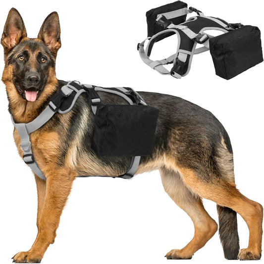 DORA BRIDAL Dog Backpack for Medium & Large Dogs, Dog Backpack Harness, Dogs Hiking Backpack with Side Pockets, Outdoors Pet Saddle for German Shepherd, Labrador (Black, Large)