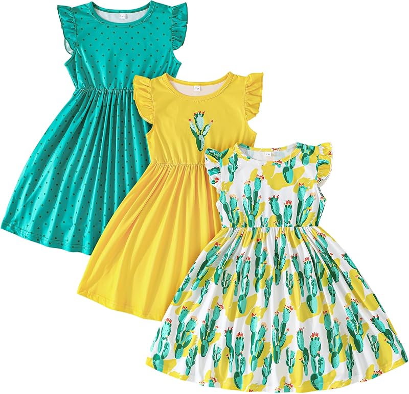 Toddler Little Girls Casual Dresses Short Sleeve Crew Neck Graphic Cartoon Dress for 2-8 Years
