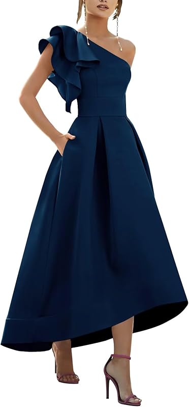 One Shoulder Satin Mother of Bride Dresses 2025 High-Low Ruffle Formal Evening Party Gowns
