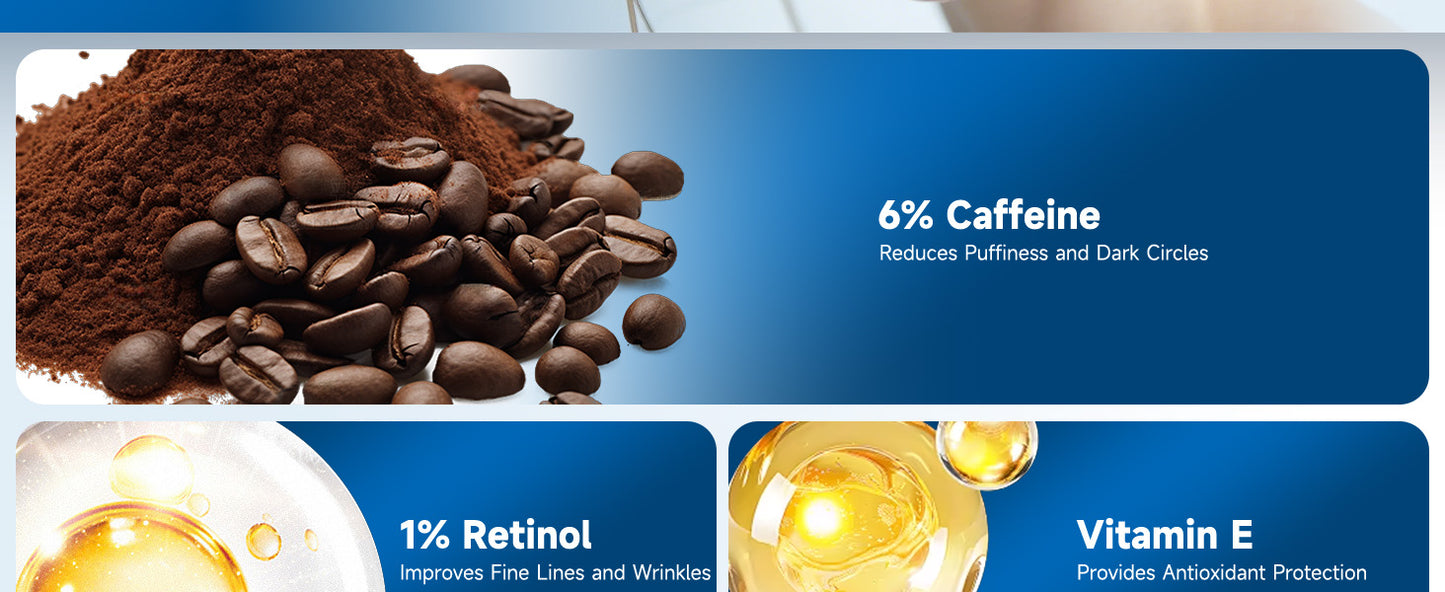 6% Caffeine Eye Cream for Dark Circles - Rapid Wrinkle Repair, Daily 1% Retinol & Hyaluronic Acid to Fight Fine Lines, Wrinkles, & Dark Spots, Eye Care Suitable for Men and Women's 0.68 fl. oz