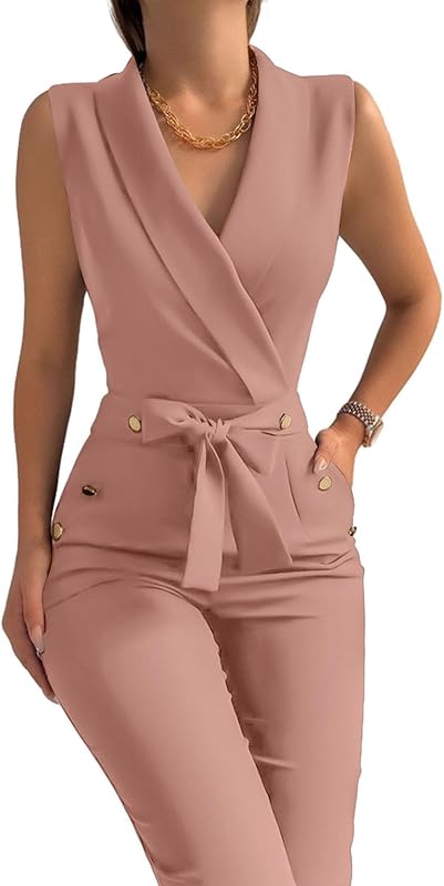 Women's Elegant Jumpsuits V Neck Sleeveless Straight Belted Long Pants Business Suits Set with Pockets