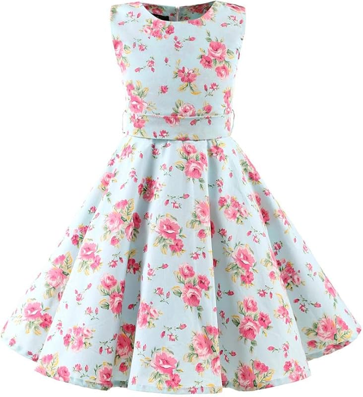 Kids Girls 50s Audrey Vintage Polka Dot Swing Party Rockabilly Dress Retro Peter Pan Doll Collar Wedding Casual Skater Dress