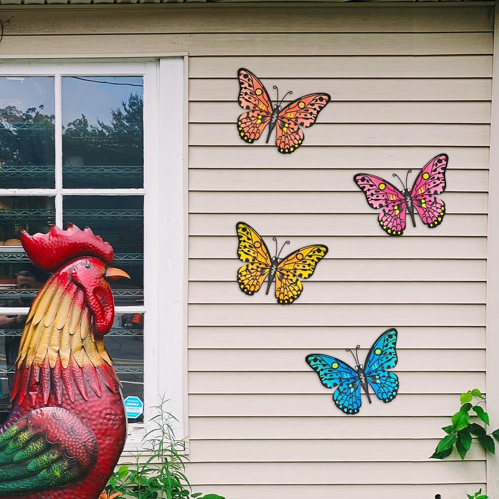 Metal Butterfly Wall Decor - 9.6" Outdoor Fence Wall Art Decor, Hanging Decoration for Garden Yard Living Room Bedroom Patio Balcony(4 Pack)