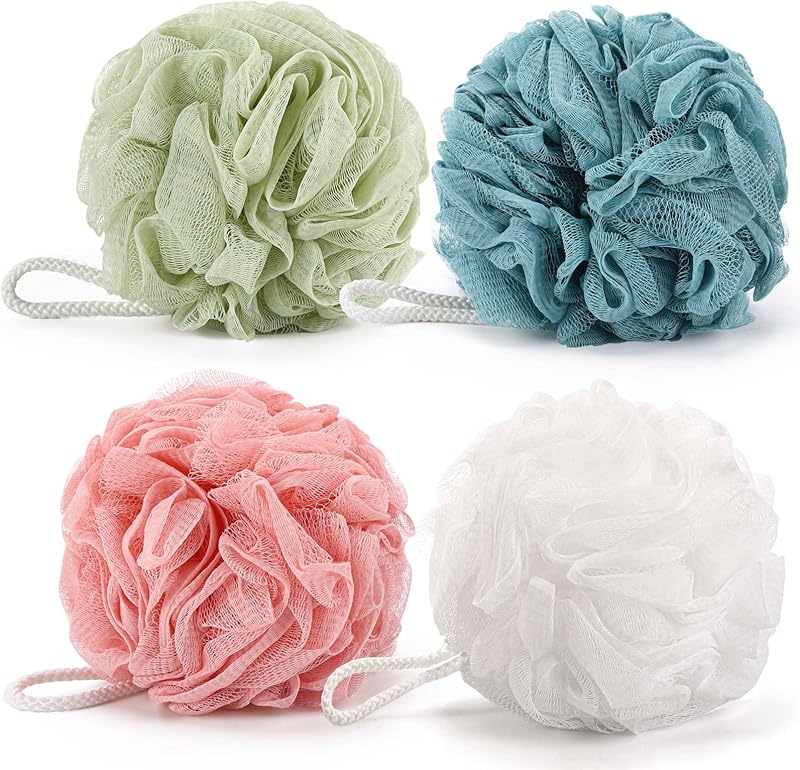 BTYMS 4 Pieces Shower Loofahs Bath Sponges 60g/pcs Mesh Puffs Body Scrub Luffas Bath Scrunchies for Shower Exfoliate