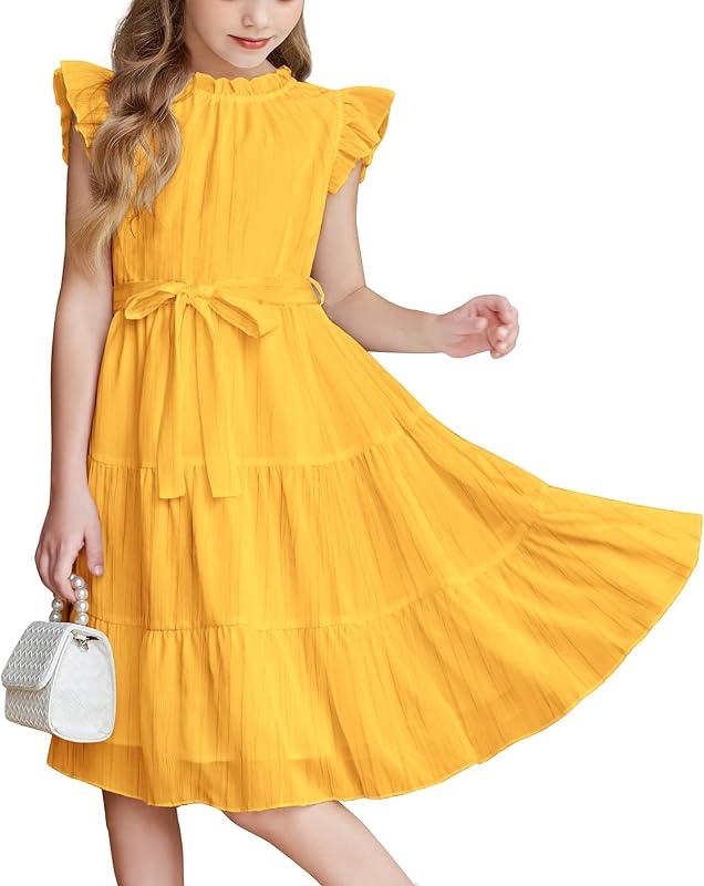 Arshiner Tween Girls Summer Dress Formal Ruffle Sleeve A Line Casual Elegant Dresses with Belt