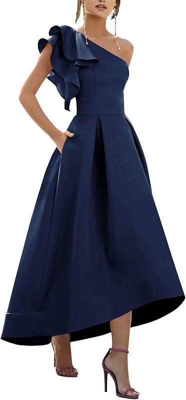 One Shoulder Satin Mother of Bride Dresses 2025 High-Low Ruffle Formal Evening Party Gowns