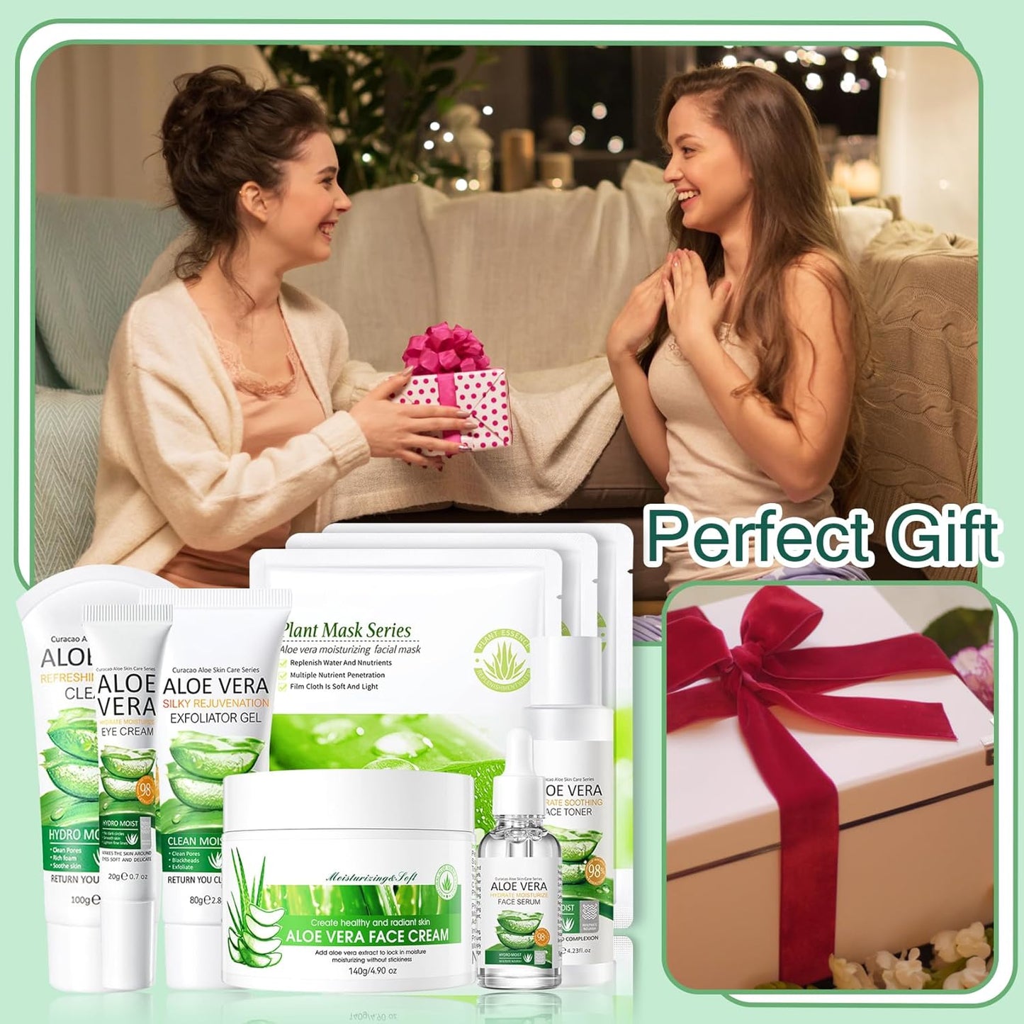 Aloe Vera Face Skincare Set,9 Pcs Aloe Vera Skin Care Set with Face Masks,Exfoliating Gel, Wash,Toner, Serum, Moisturizer Cream,Eye Cream,Moisturizing Skin Care Kit