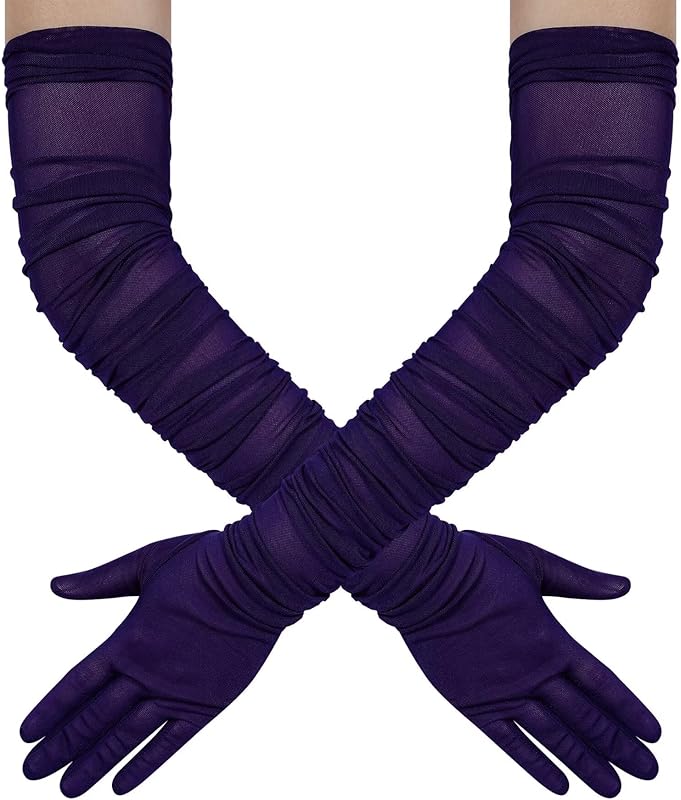 Hazhlko Women's Super Long Stretchy Ruched Mesh Tulle Sheer Gloves Costume Opera Party 1920's Dance Gloves